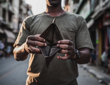 Poor man holding an open empty leather wallet showing no money, concept of bankruptcy and financial crisis