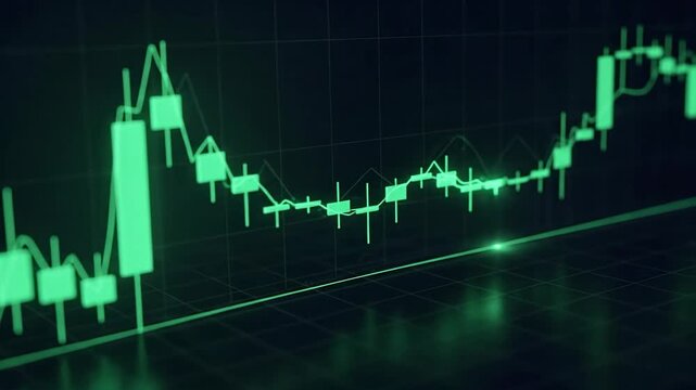 Abstract Green Financial Chart Rising With Detailed Line Graphs Over Dark Background