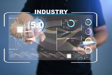 Industry 5.0 concept with AI and automation, including technology icons including artificial intelligence, artificial intelligence, manufacturing innovation, industrial infographics.