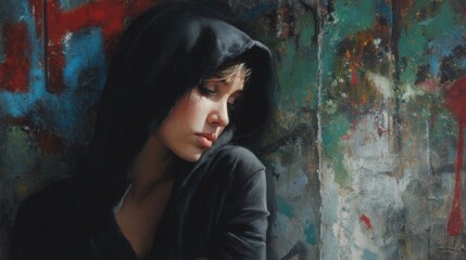 Fototapeta premium Woman in hood against graffiti wall