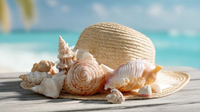 Decorative seashells and a straw hat on a wooden table at a sunny beach with turquoise water in the background during daytime