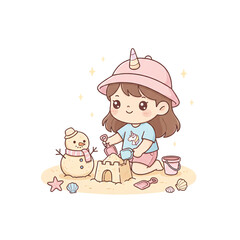 Cute Pastel Minimalist Kid Building Sandcastle PNG