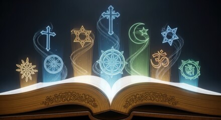 Open book with glowing symbols representing different religions, interfaith dialogue concept.