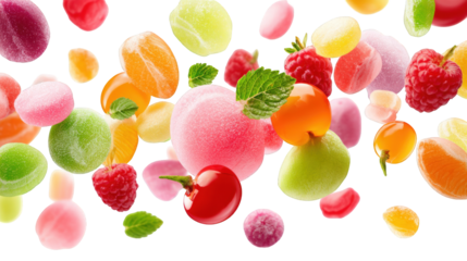 Colorful fruit-flavored candies in mid-air