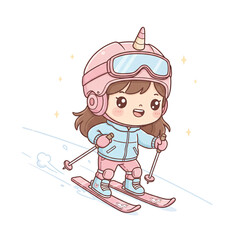 Cute Pastel Minimalist Skiing Girl PNG
