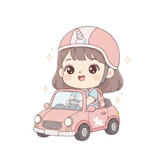 Cute Pastel Minimalist Girl Driving Car PNG Transparent Background