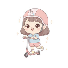 Cute Pastel Minimalist Girl Riding Scooter PNG Transparent Background