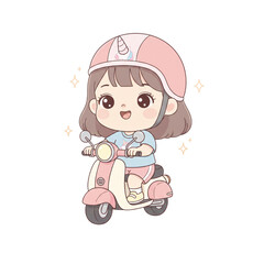 Cute Pastel Minimalist Girl Riding Scooter PNG Transparent Background