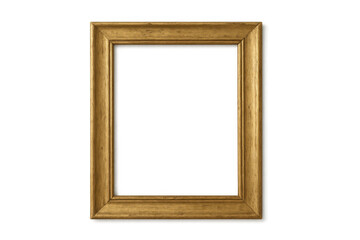 Golden vintage picture frame with textured wood detail, empty border for art or presentation, isolated on transparent background