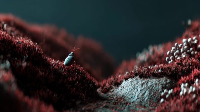 Close-up view of a small insect exploring a detailed landscape of red plant fibers and textured rocks in a surreal environment during a calm moment