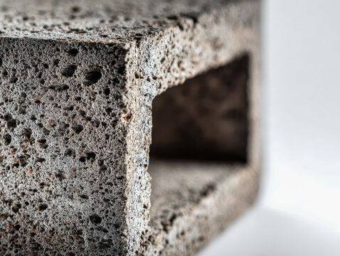 Detailed close-up of a textured grey concrete block revealing porous surface and rectangular hollow structure on a light background