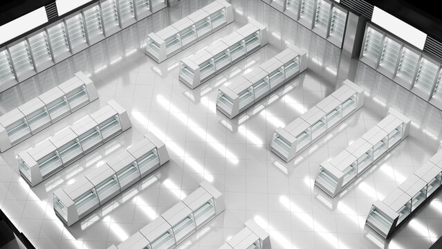 Top view of the trading floor with white gondola shelving rows, blank slatwall cabinets against the wall and wall banners. 3d illustration isolated on black