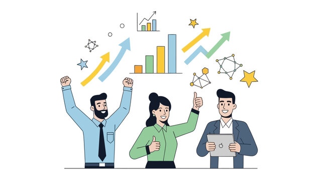 Business people celebrating success. Team of three cartoon characters. Man and woman with arms raised. Business growth graph and chart icons. Vector illustration on white background.
