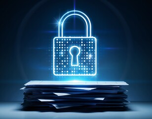 Glowing digital padlock icon hovering over stack of paper documents, cyber security and data protection concept.