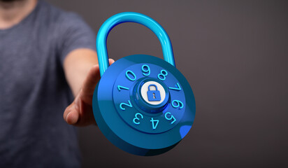 Concept of security, data protection and digital privacy with a person holding a digital padlock with numbers a