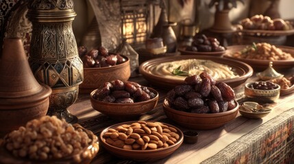 Fototapeta premium Several bowls filled with nuts and dates are placed on a wooden table in a market setting. The scene shows a festive atmosphere with warm lighting and decorative items around.
