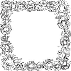 Obraz premium Beautiful sunflower border frame black outline hand-drawn vector artwork, Relaxing coloring page or book design for kids and adults