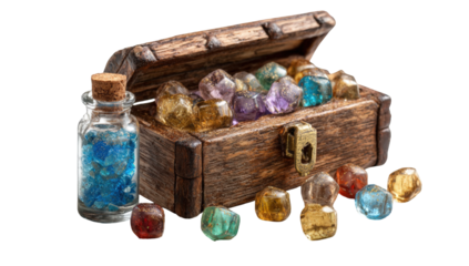 Wooden chest filled with colorful dice and a small bottle