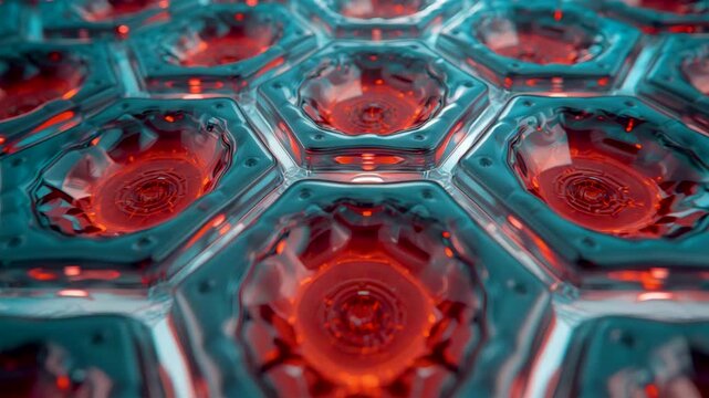 Hexagonal mechanical pattern with glowing red circular cores embedded in metallic structure