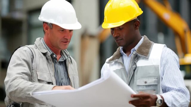 Construction workers discuss project plans outdoors at a job site during the day, reviewing blueprints and collaborating effectively on construction tasks
