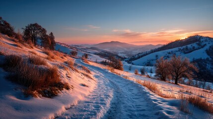 A snowy landscape features a winding path surrounded by grass and trees. The scene captures the sunrise with soft light illuminating the hills and mountains.