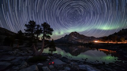 Night Sky Aurora Borealis Over Mountain Lake Landscape.