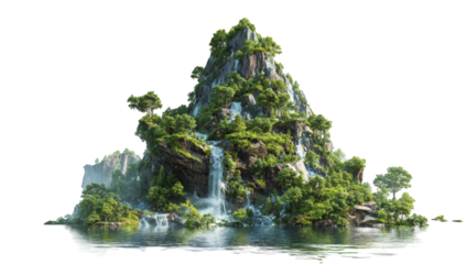 Lush island mountain with cascading waterfalls