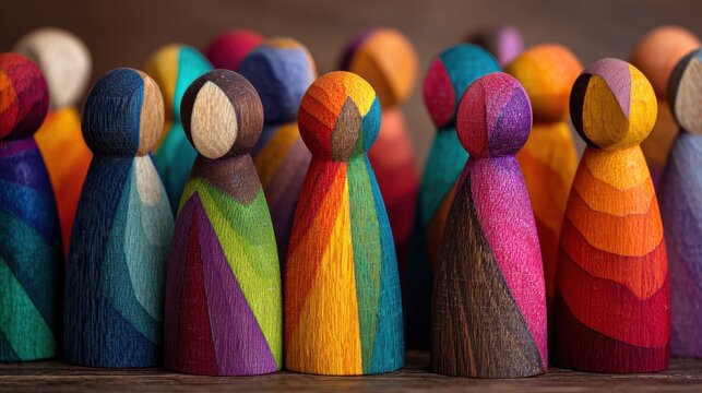 A group of colorful wooden figurines arranged in a row. The figurines are of different sizes and colors, and they appear to be standing in a line. Concept of unity and diversity, as the various colors