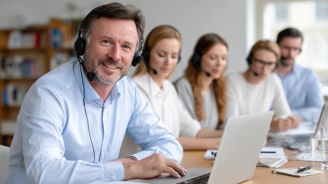 Focused Support: A team of customer service representatives, each with headsets, working diligently at their laptops in a bright office environment, ready to assist with a smile and dedication.
