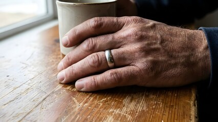 Close-up of Elderly Hand Holding Coffee Mug.