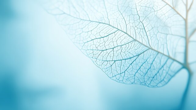 lungs. Close-up of delicate leaf veins resembling a natural network on a soft blue background. gardening catalogs, home-decor guides, designed for home decor and floral branding.