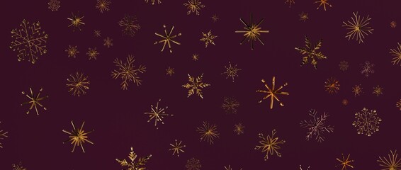Luxurious winter background features golden snowflakes scattered on a deep burgundy surface, perfect for festive