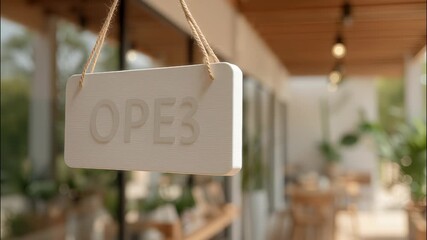 White open sign dangling from rope, signaling welcoming cafe environment with soft focused interior backdrop video 4k