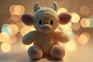 xmas sweet sitting reindeer with bokeh lights in background, toy, puppet, celebrate, christmas, x-mas, noel, nativity, holiday, photorealistic