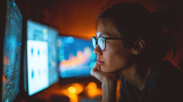Woman working on multiple computer screens at night with analytical data and graphs displayed in a dimly lit room - Powered by Adobe