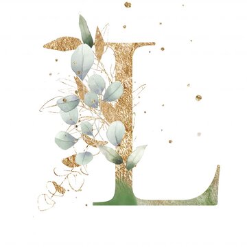 Letter L alphabet initial letter watercolor greenery foliage with line art delicate animation romantic illustrated alpha mask animation golden
