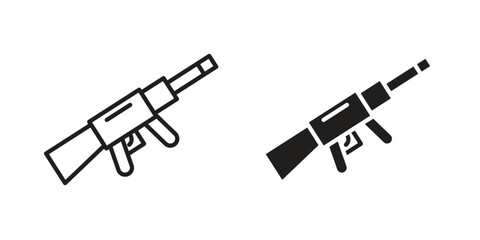Automatic Gun icons. Solid black silhouette and line art outline. Minimal design element,