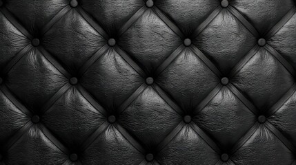 Naklejka premium Surface of black leather shows tufted design with buttons creating a textured pattern. This is typical for furniture or wall coverings in various settings.