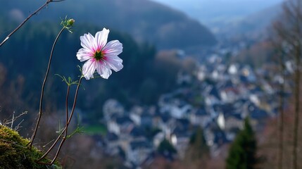 Single cosmos flower blooming against a blurred village backdrop