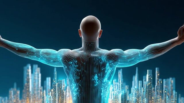 Technological Body: A futuristic image of a human body, its form interwoven with glowing technological components against a sleek, modern city skyline.