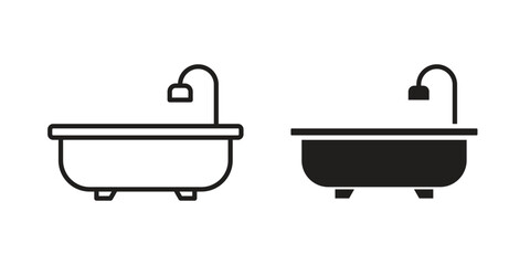 Bathtub cleaning icons. Solid black silhouette and line art outline. Minimal design element,