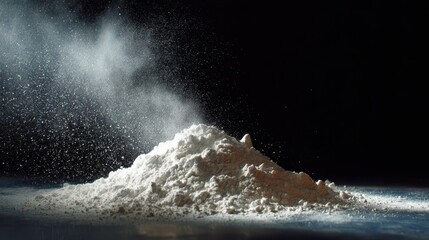 Flour is piled on a flat surface with dust particles rising in the air during food preparation in a kitchen setting