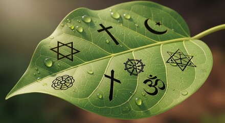 Green leaf with religious symbols and water droplets conveys harmony and coexistence.