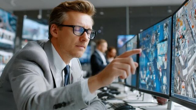 Surveillance System and Security: An officer analyzes a series of digital screens. The scene evokes a sense of protection and proactive vigilance.