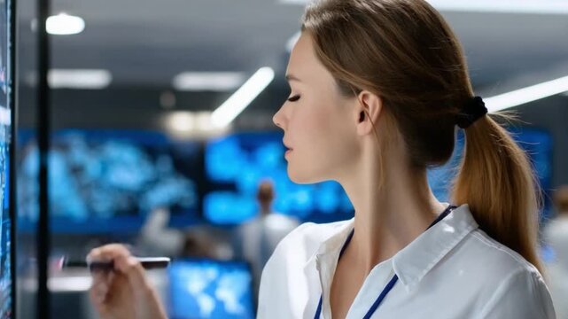 Focused Vision: A dedicated professional, meticulously analyzing intricate data on expansive monitors in a modern control center, epitomizing the cutting edge of technological advancement.