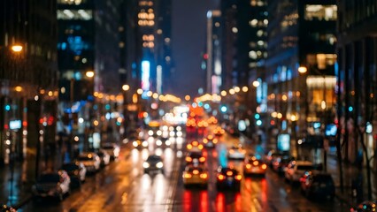 City Street at Night with Bright Lights and Moving Vehicles.