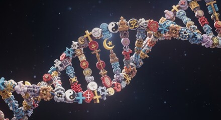 Dna helix with religious symbols, concept for interfaith harmony and genetic heritage.