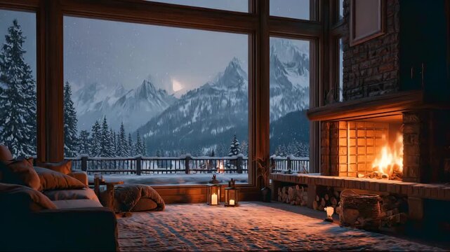 Winter evening inside cozy cabin with fireplace view of snowy mountains and trees