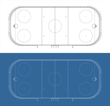 Top View Plan of Ice Hockey Rink Wireframe Outline Blueprint