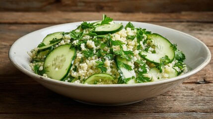 Obraz premium Close up of quinoa salad with cucumbers in a white bowl